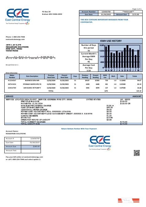 USA Minnesota East Central Energy business utility bill template in Word and PDF formats